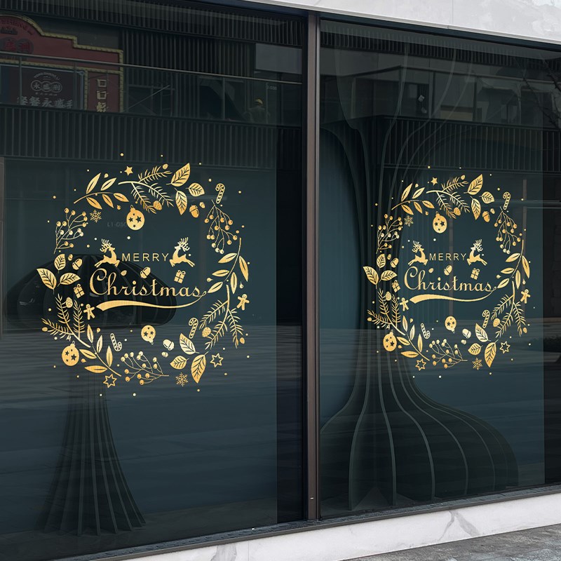 圣诞节装饰品圣诞玻璃贴纸静电贴门贴橱窗贴场景布置店铺烫金装扮