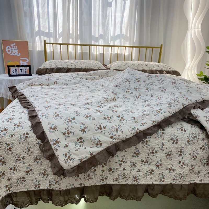 法式小花边全棉床盖三件套棉花填充加厚夹棉床单纯棉夏凉被四件套