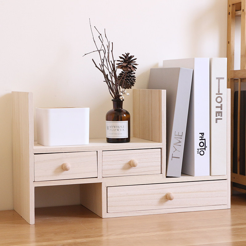 办公桌面伸缩置物架抽屉式收纳盒学生儿童实木书架文具整理储物盒