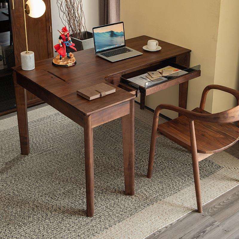 北美黑胡桃木实木转角书桌现代简约樱桃木工作桌多功能L型电脑桌