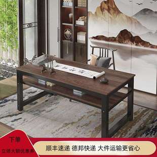 r^现代中式书桌刨花板三聚氰胺板书桌浅胡桃黑腿电脑桌适用台式