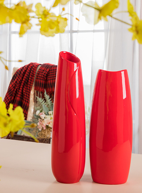 48cm落地陶瓷花瓶 喜庆红色大花瓶 结婚新房装饰摆件 真花可装水