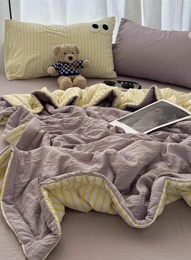 少女ins浅紫色拼条纹小眼睛毛巾绣水洗棉夏凉被四件套夏季空调被