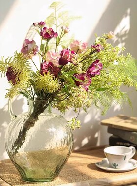 绿色单耳细口透明玻璃花瓶锤纹落地摆件吊钟马醉木客厅餐桌插花器