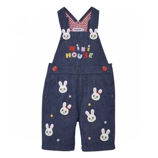 原标 新夏款miki 熊兔卡通刺绣春秋款牛仔背带长裤/七分裤