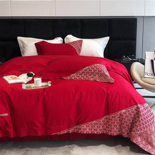 现货厂促法式 刺绣婚庆红色四件套全棉100支新疆结婚被套床单