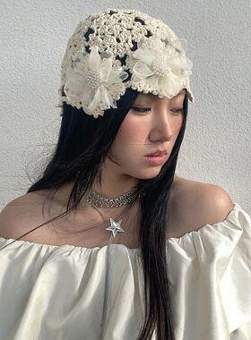 早春薄款镂空帽女帽优雅文艺花朵毛线帽可爱织帽小众设计套头帽女