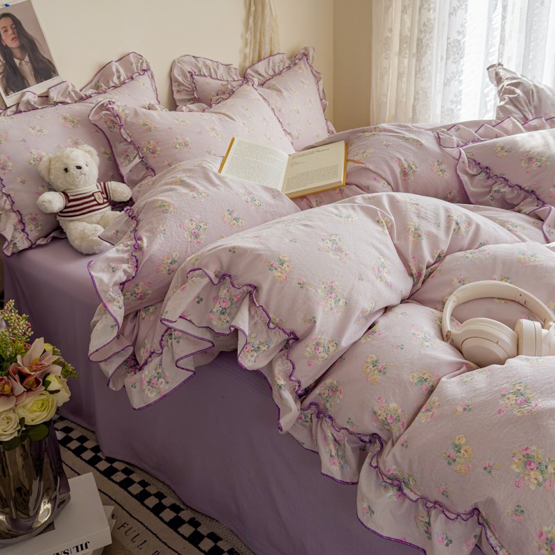 公主风碎花全棉双层纱少女心韩式荷叶边提花裸睡被套床单三件套