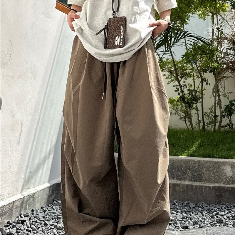 一只小杨25ss日系纯色宽松褶皱水洗阔腿裤男女百搭抽绳弯刀裤轻薄