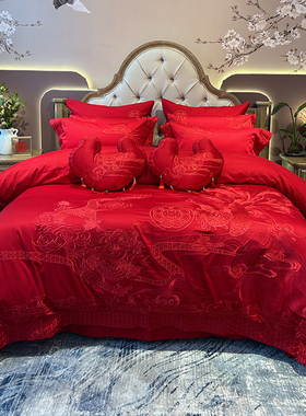 高端140支匹马棉四件套全棉中式大红色婚庆龙凤刺绣被套新婚床品