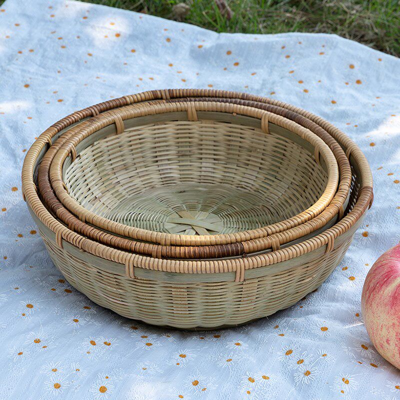 藤条包边竹编果盘馒头竹筐点心盘竹制品收纳筐圆形农家沥水篮篮子