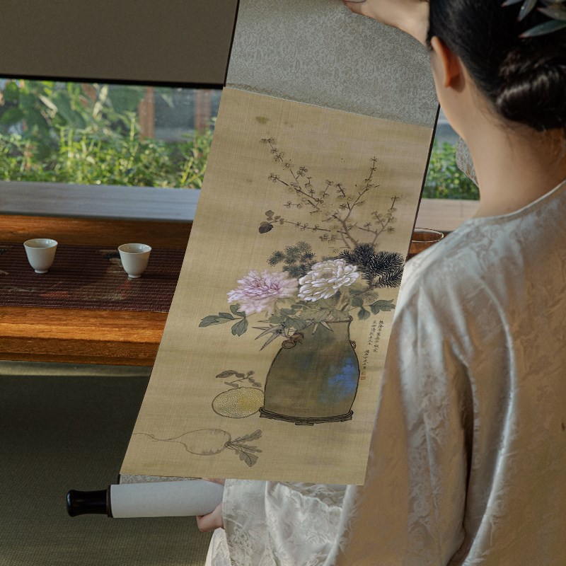 新中式宋代美学卷轴挂画客厅背景墙古画卧室中国风壁画走廊装饰画图片