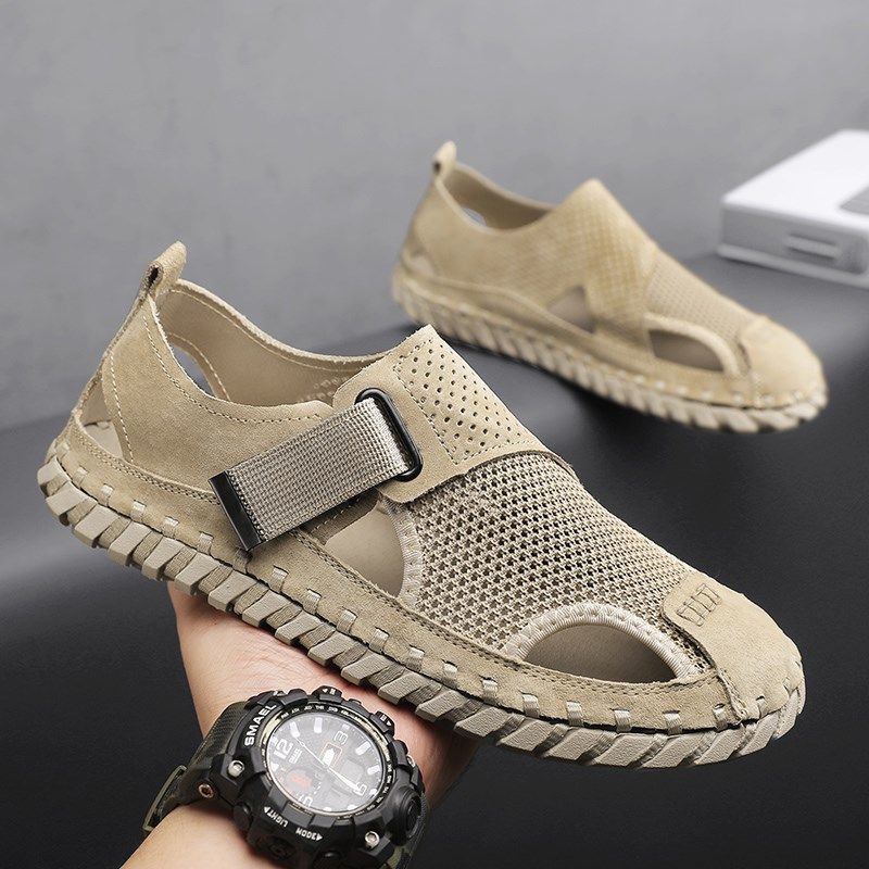 包头凉鞋男夏季新款镂空网面男鞋凉拖鞋大码开车鞋手工缝线沙滩鞋