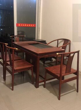 红木家具赞比亚紫檀茶桌椅组合实木中式茶艺桌办公U室茶台一桌五