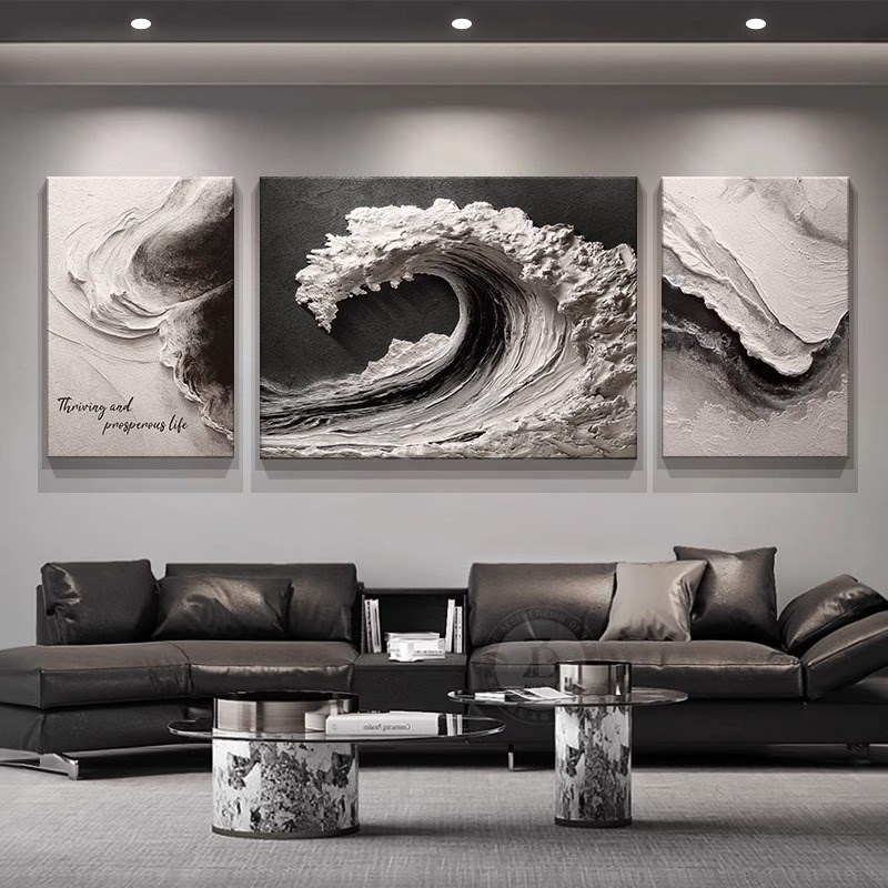风声水起客厅装饰画浮雕立体感沙发背景墙挂画高级感黑白灰墙壁画图片