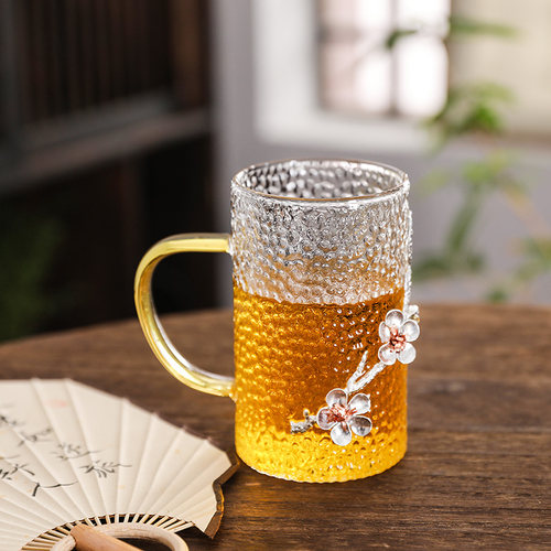 贴花玻璃主d人杯功夫茶杯品茗杯女生带把喝水杯子茶具客人锤纹茶
