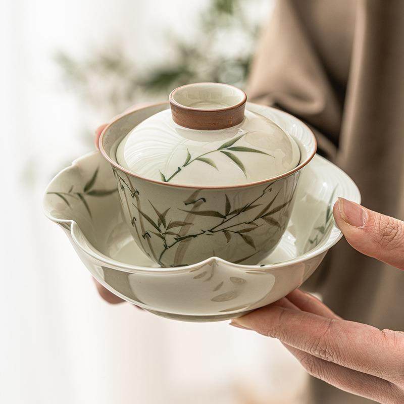 翠绿文竹才盖碗茶杯家用高档23JS12-5瓷防烫功夫具二陶茶泡茶茶碗