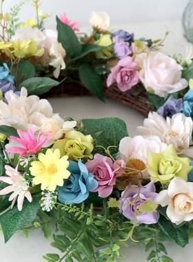 225春款0花油画小玫瑰环仿真花家挂居庭院挂饰花圈45TH-20230cm门