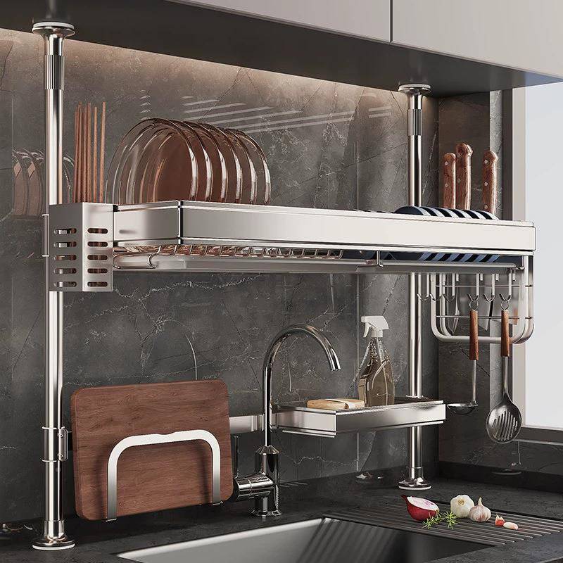 顶304不锈钢收厨天立地水槽沥水碗架上方碗碟置物房架洗顶天立地