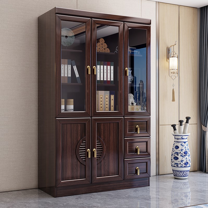 乌金木新中式实木书柜带玻璃门书架一体组合展示柜家X用落地储物