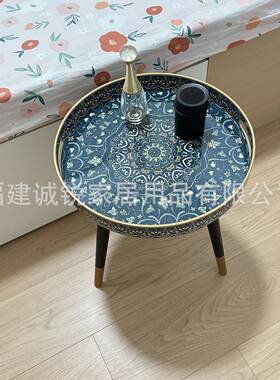 客厅边几边圆形小茶桌带贴花纸装托饰盘把手可拆卸木腿沙发咖VCC