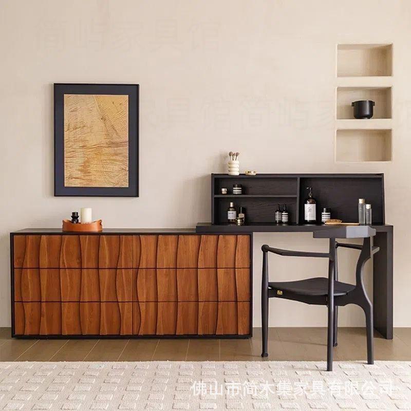 昔拾现代简约卧室床尾梳妆台胡桃色中古实木法式复古斗柜一体化妆