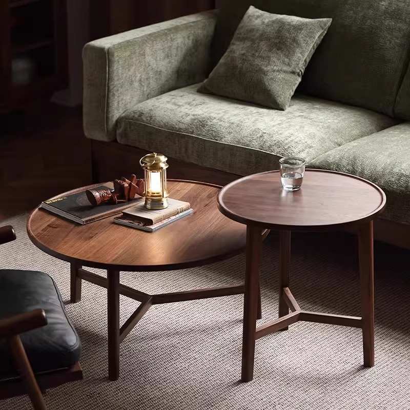 北美黑胡桃实木圆形茶几极简现代轻奢小户型茶桌北欧客厅原木边几
