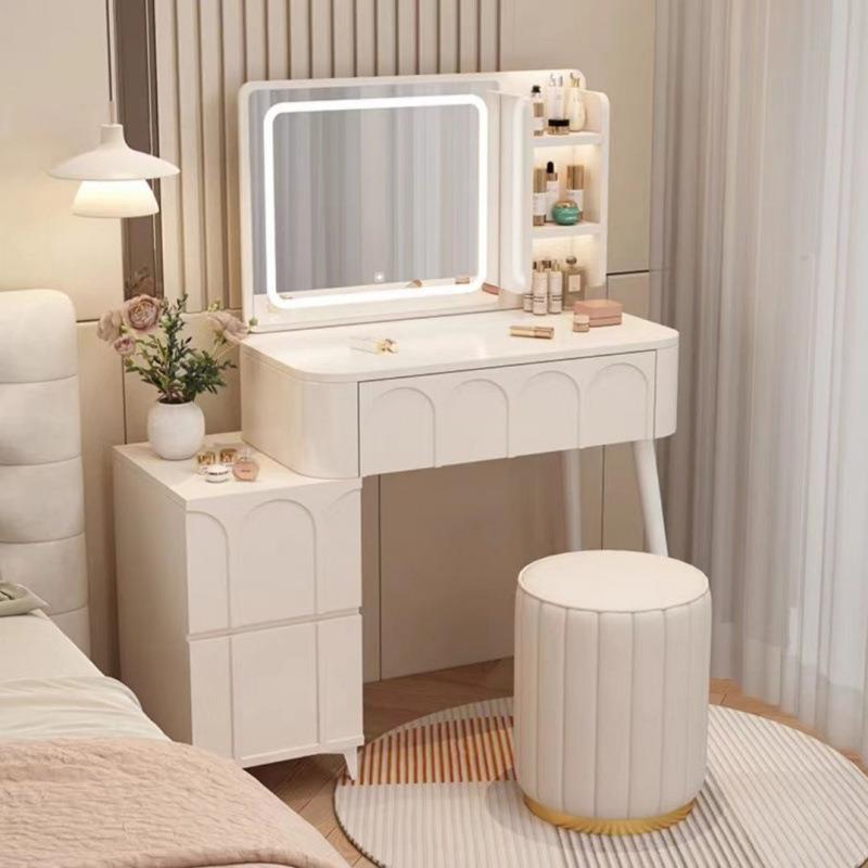 奶油梳妆台卧室现代简约化妆台镜子小型收纳小户型书桌斗柜一体