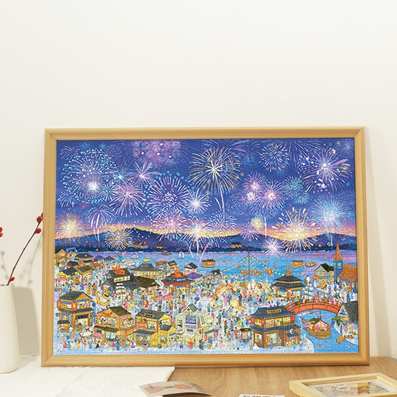花火夜游拼图框2000片96*68cm拼图框裱框实木相框金属画框