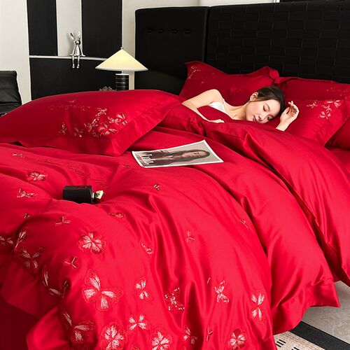 高级感大红色f结婚喜被四件套水洗棉刺绣婚庆被套床单婚嫁床上用