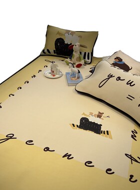 ins风冰纤维夏凉席卡通叠叠狗黄色三件套空调席子柔软1.5m1.8米