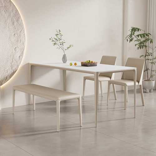 现代奶油风长方形铝合金餐桌家用简约岩板桌餐桌小户型组合一体