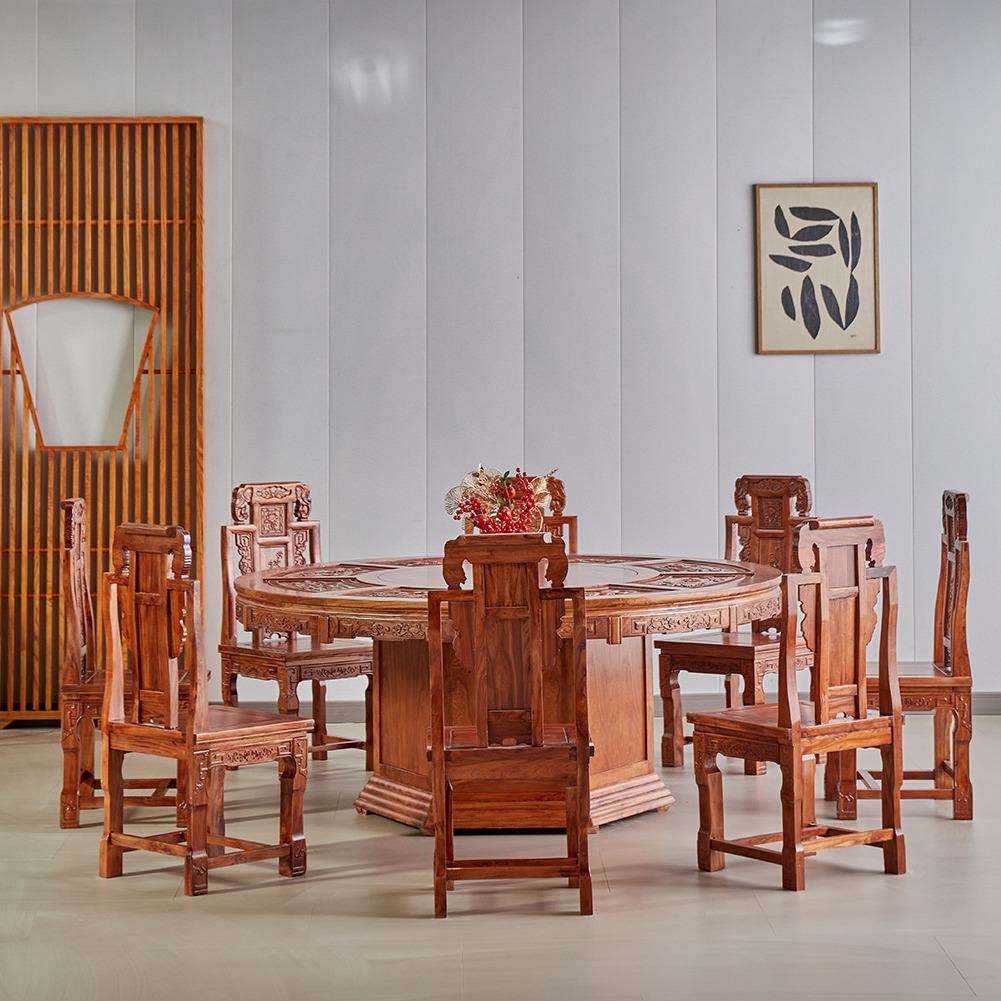 新款餐桌椅组合北榆木圆桌新中式古典仿古餐桌椅雕花家用家具