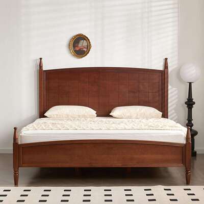 北欧全实木樱桃木复古色方块床现代简约卧室黑胡桃木中古风双人床