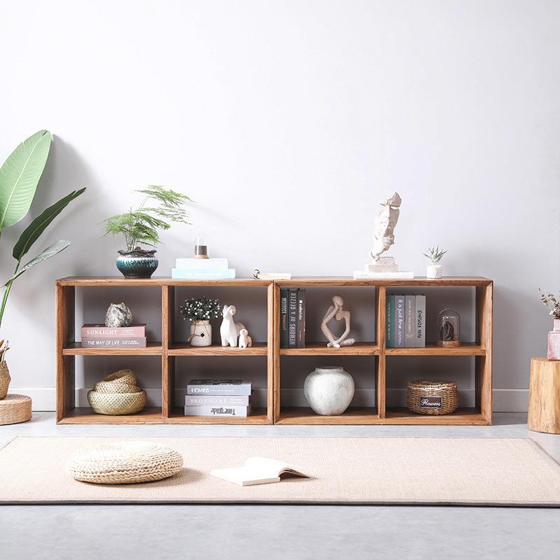 老榆木矮书柜日式全实木落地书架多格子储物柜儿童绘本置物架家具
