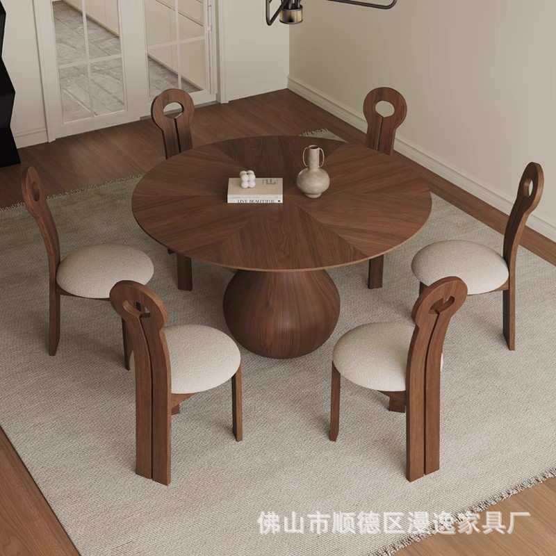 法式复古风实木圆桌家用小户型岩板圆形饭桌黑胡桃木圆餐桌椅组合