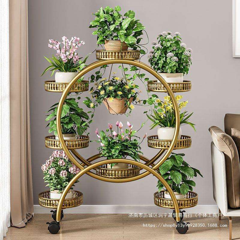 花架子客厅落地式可移动带轮绿萝花盆架铁艺多层阳台花架家用落地