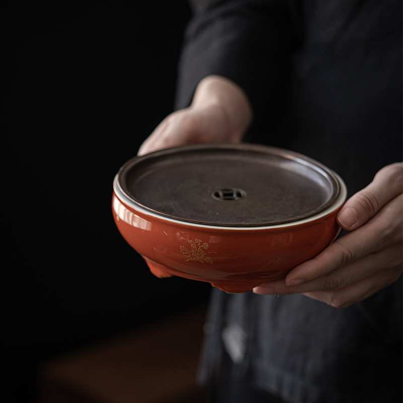 墨己 矾红仿古锡盖做旧壶承 文人干泡圆形陶瓷蓄水盘 茶道小茶盘