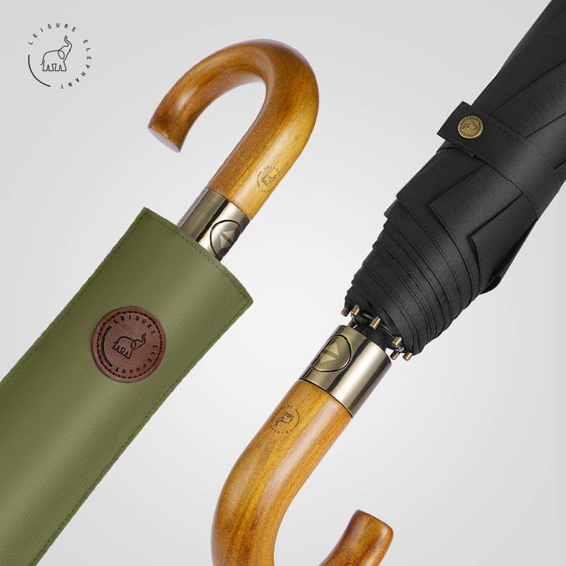 闲象黑胶遮阳伞upf50+三折木弯柄全自动伞商务折叠晴雨两用伞户外