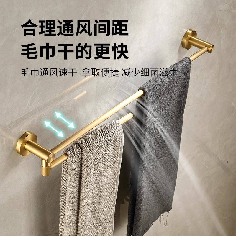 复古全铜毛巾架旋转双杆浴室活动免打孔毛巾杆卫生间壁挂浴巾架子