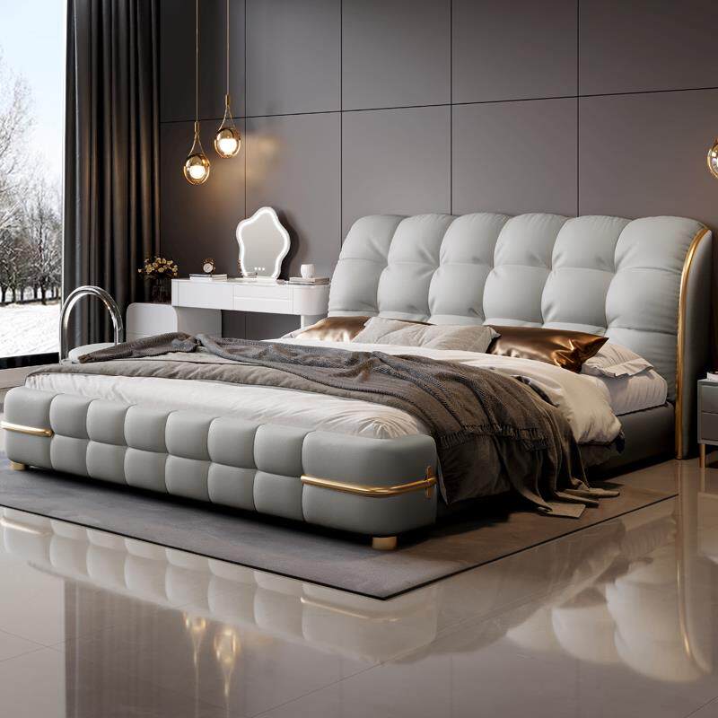 主卧高端大气床轻奢现新款网床2华米1.8豪床现代代红筒约QPS靠背