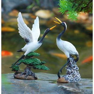 户庭院假山流鱼池装饰仙摆HYuteuwe件鹤丹顶鹤雕塑水池水喷外泉造