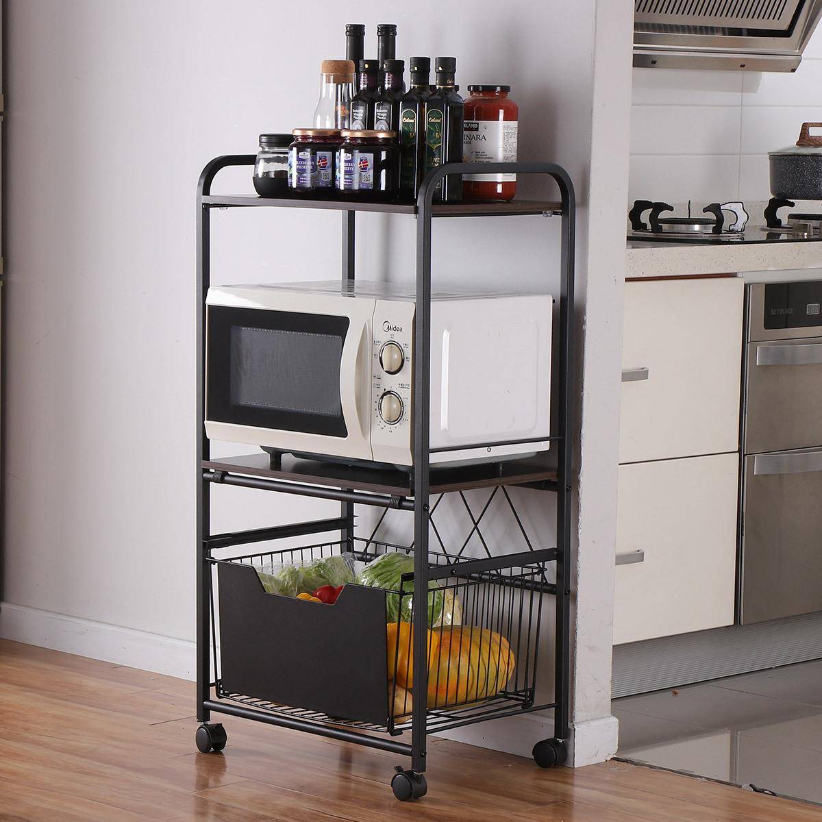 厨房落物1087121地置可移动多层带轮小车推架多功能微波炉家用收