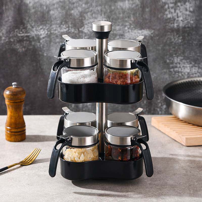 调料瓶玻璃调料罐套装旋转置物架不锈钢盖调味瓶盐罐料盒家用厨房