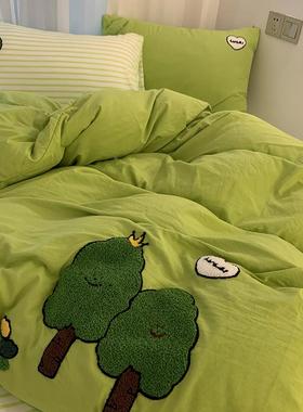 K15棉绿色发财套树毛hk6eDHs巾绣被水洗单床床笠宿舍三件套四件套