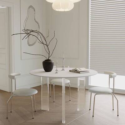 亚克力小户型悬浮家用纯黑白色餐桌洽谈休闲圆桌岩板桌椅组合