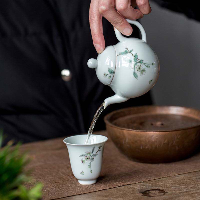 手绘海棠花茶壶家用仿古胎泡茶器手工釉下彩小泡茶壶带过滤球茶壶