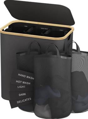 AL100332亚马逊容量可折叠分标类脏衣篮纳衣楠竹收筐分区带盖脏篓