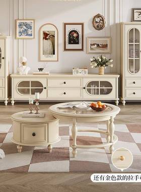 ?视白厅色茶几电柜组合简约客靠墙实木储物柜小OZC户型圆可伸形缩