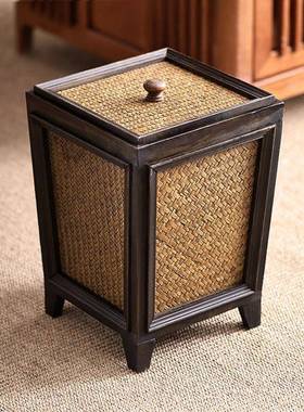 异丽复古古风木垃式圾桶木藤编客厅茶pxx22086室家用中厨质房实垃